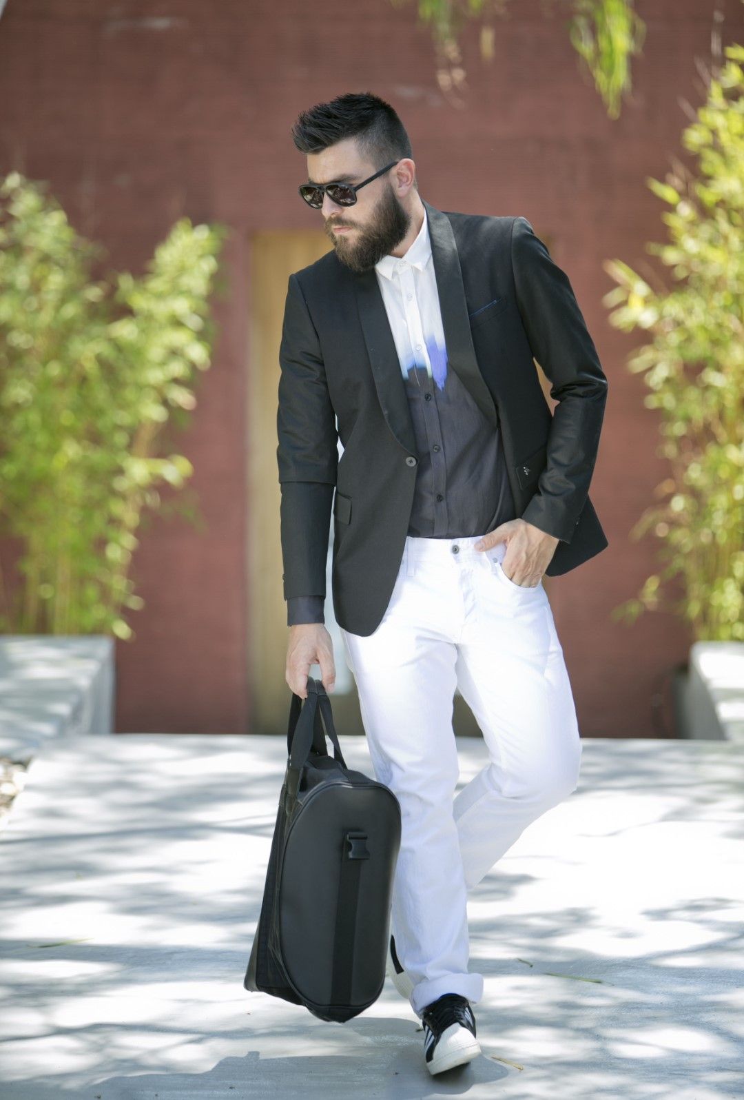 street style, man fashion blog, fashion blogger, white jeans, black blazer, black and white suit, adidas shoes, dihital print shirt, guy blogger 