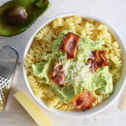 Avocado Carbonara Pasta Recipe, food styling, healthy, bacon, parmesan cheese, saveur mag, eat on white, cool artisan, food blog, best, awards 3