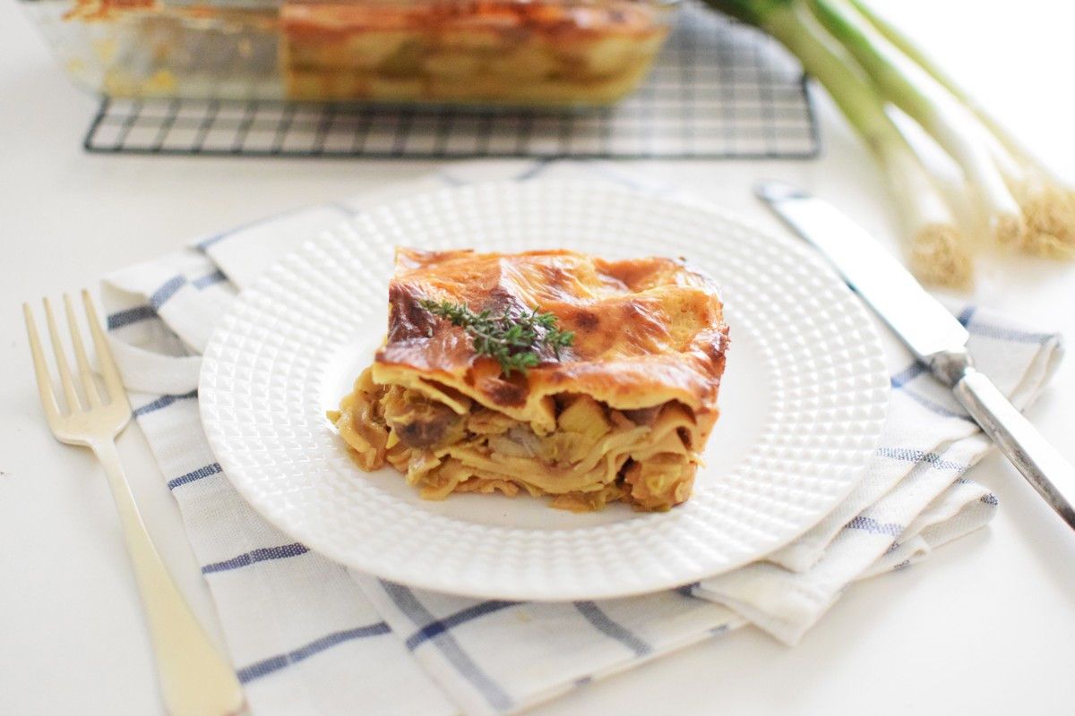 Leek Lasagne Recipe, onion, feta cheese, olive oil, gruyere, cool artisan, saveur magazine, food styling, food blog